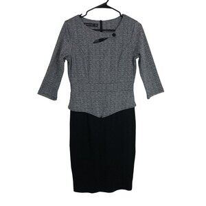 Homeyee Dress Midi Herringbone Fitted 3/4 Sleeves Button Details & Back Zipper